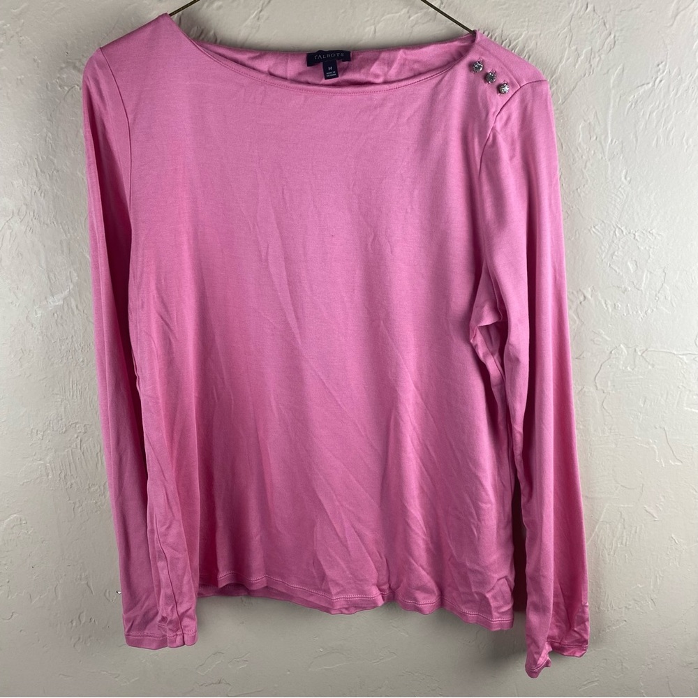 Talbots Pink Long Sleeve T-shirt Top Jewel Gem Button Shoulder Medium